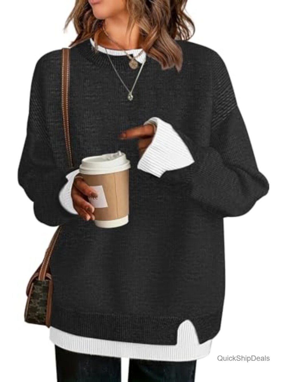 Oversized Patchwork Sweater Pullover Crew Neck Long Sleeve Knit